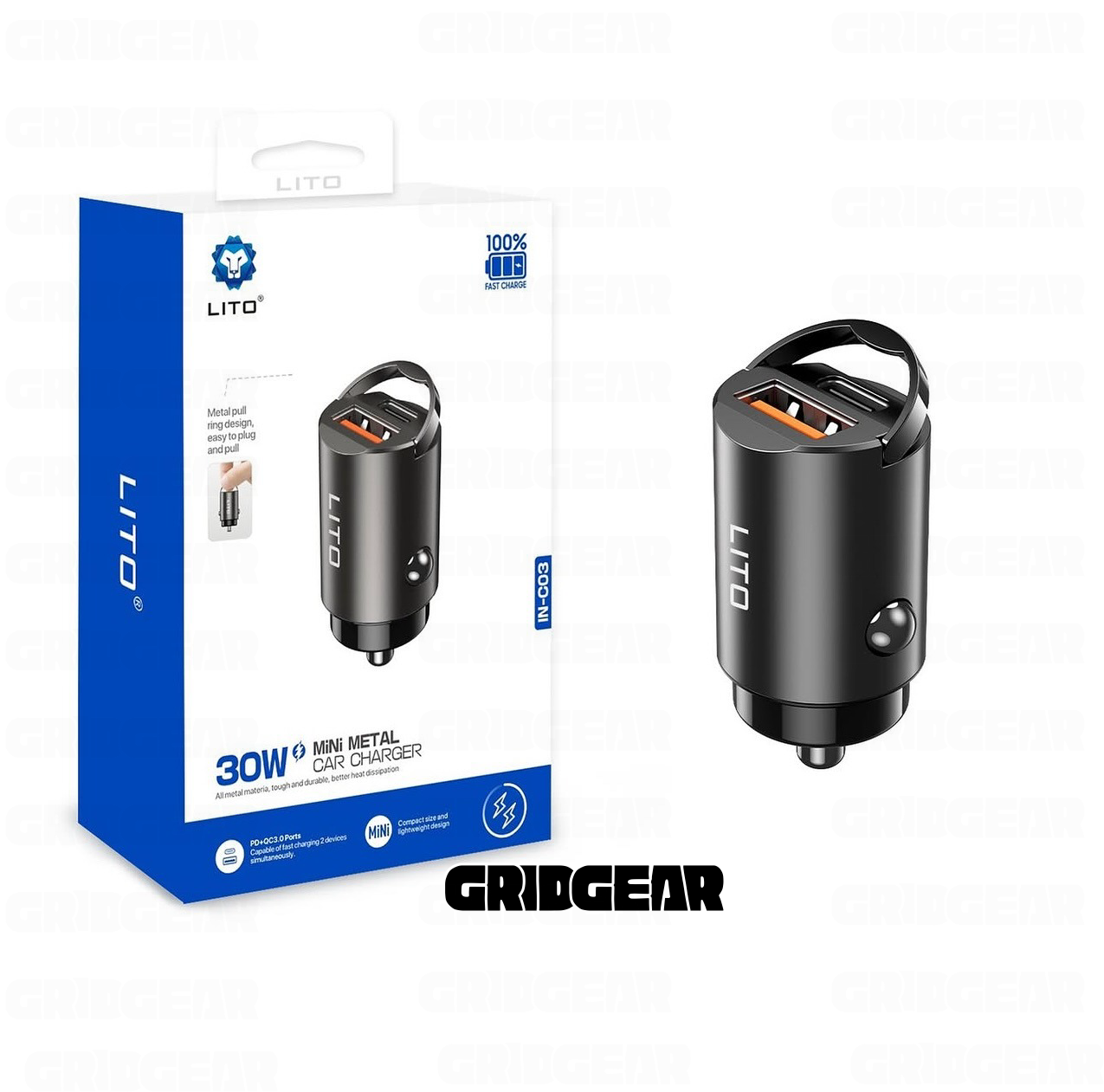 LITO IN‑C03 60W Mini Metal Car Charger – Type‑C + USB‑A – Black