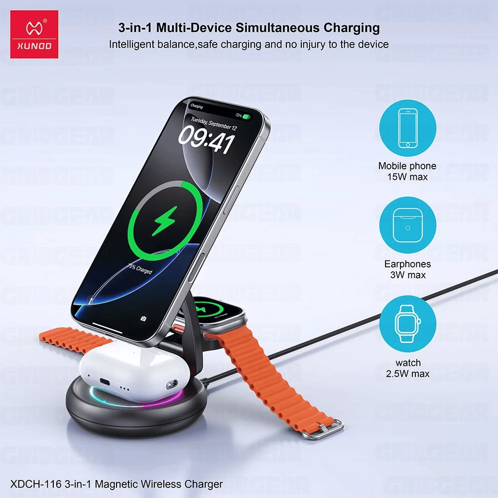 Xundd XDCH-116 3-in-1 Wireless Charger Foldable & Rotatable Fast Charging Dock for iPhone, AirPods & Apple Watch