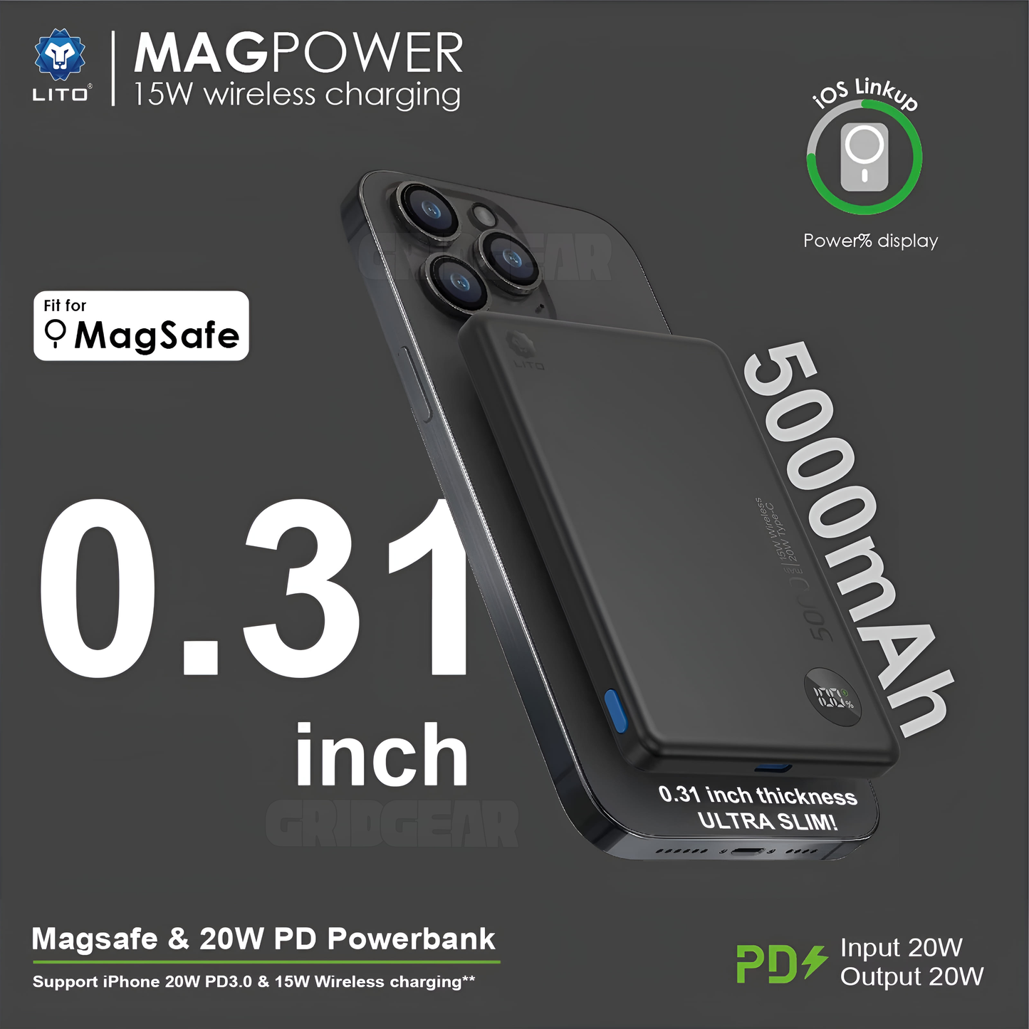 LITO LP08 Ultra-Slim Magnetic Wireless Power Bank 5000mAh - Black