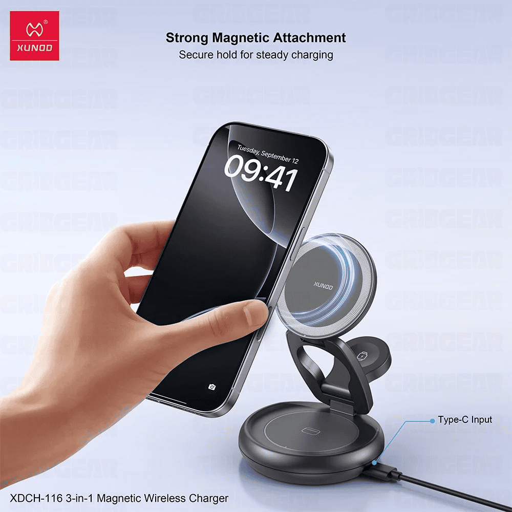 Xundd XDCH-116 3-in-1 Wireless Charger Foldable & Rotatable Fast Charging Dock for iPhone, AirPods & Apple Watch