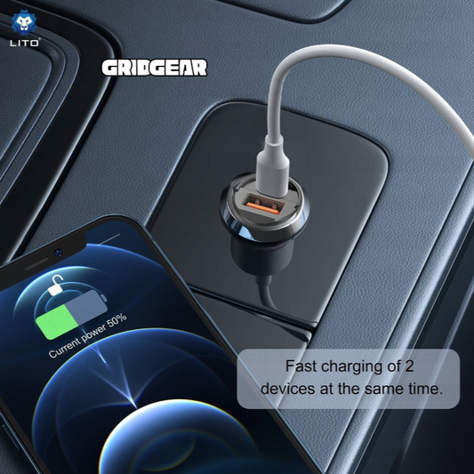 Car dashboard with a USB car charger and smartphone displaying battery charging status, featuring the GridGear brand.