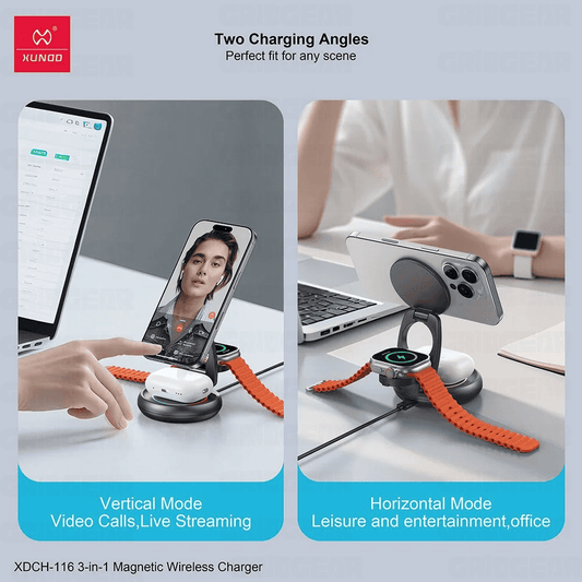 Xundd XDCH-116 3-in-1 Wireless Charger Foldable & Rotatable Fast Charging Dock for iPhone, AirPods & Apple Watch