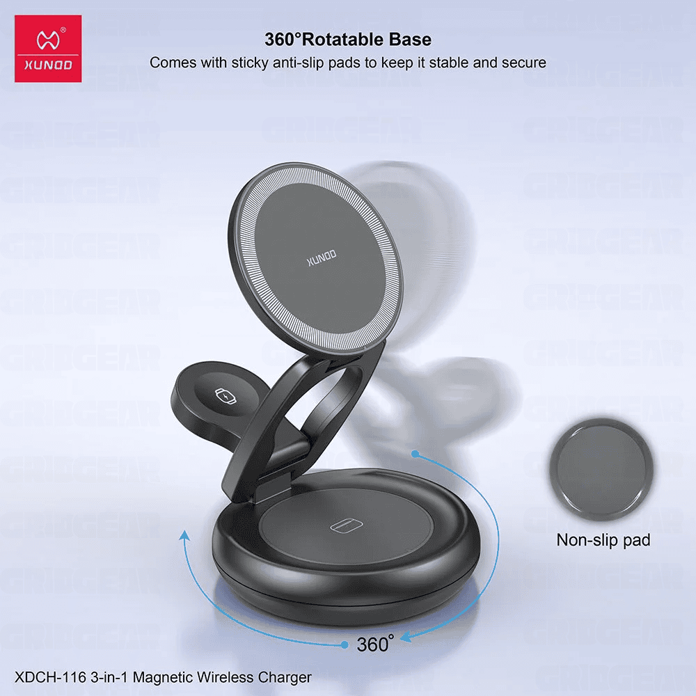 Xundd XDCH-116 3-in-1 Wireless Charger Foldable & Rotatable Fast Charging Dock for iPhone, AirPods & Apple Watch