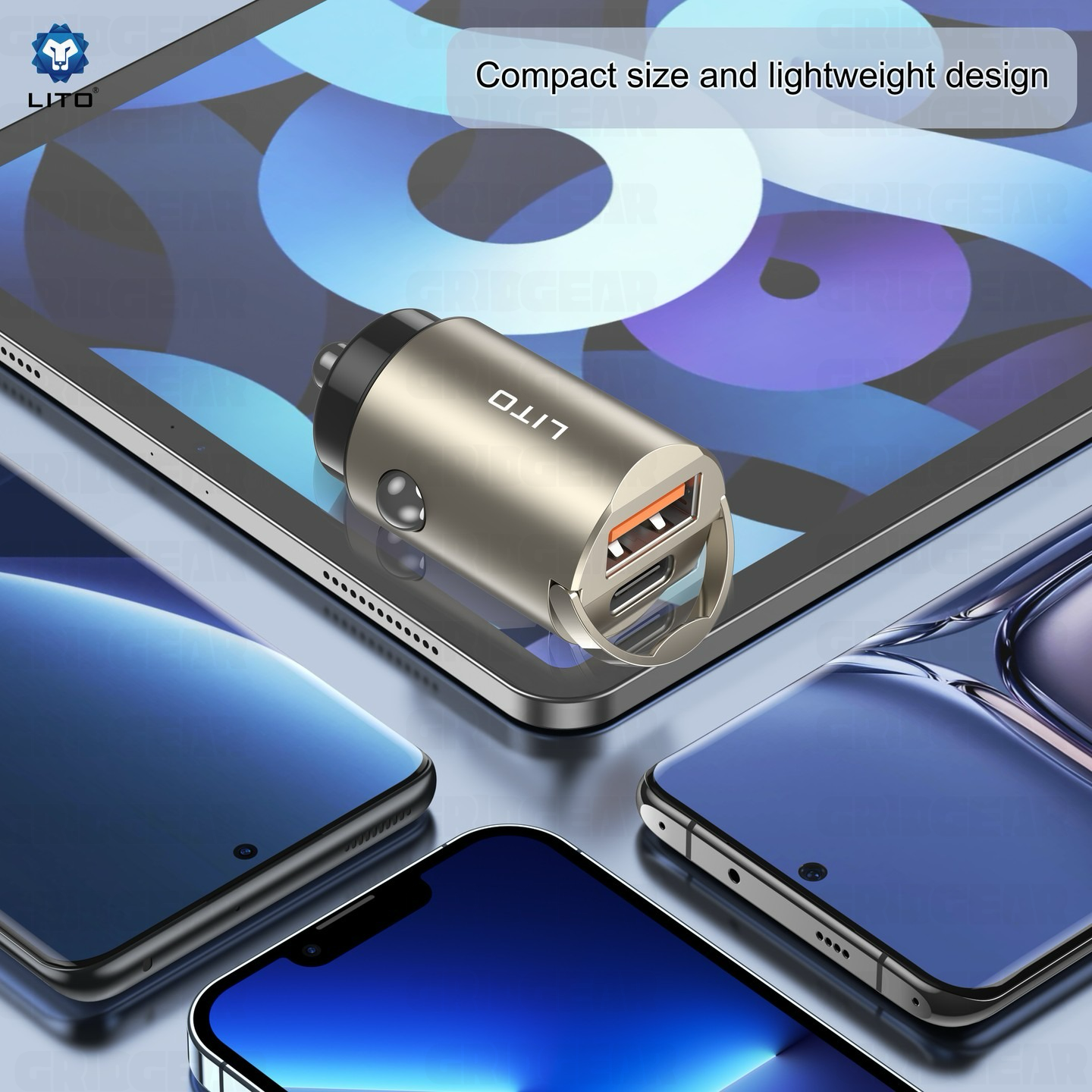 LITO IN‑C03 60W Mini Metal Car Charger – Type‑C + USB‑A – Gunmetal
