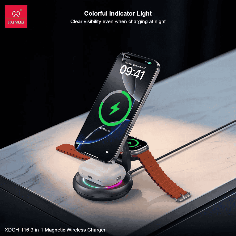 Xundd XDCH-116 3-in-1 Wireless Charger Foldable & Rotatable Fast Charging Dock for iPhone, AirPods & Apple Watch