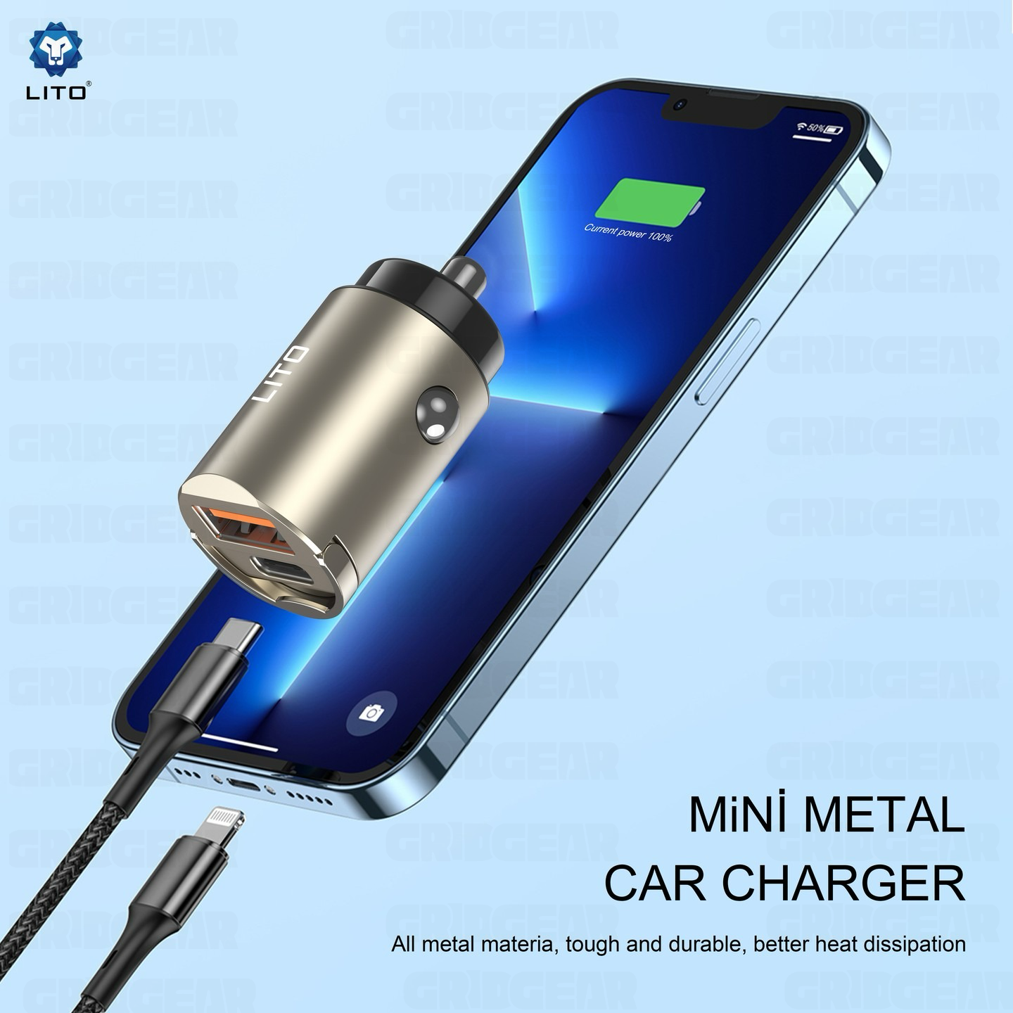 LITO IN‑C03 60W Mini Metal Car Charger – Type‑C + USB‑A – Gunmetal