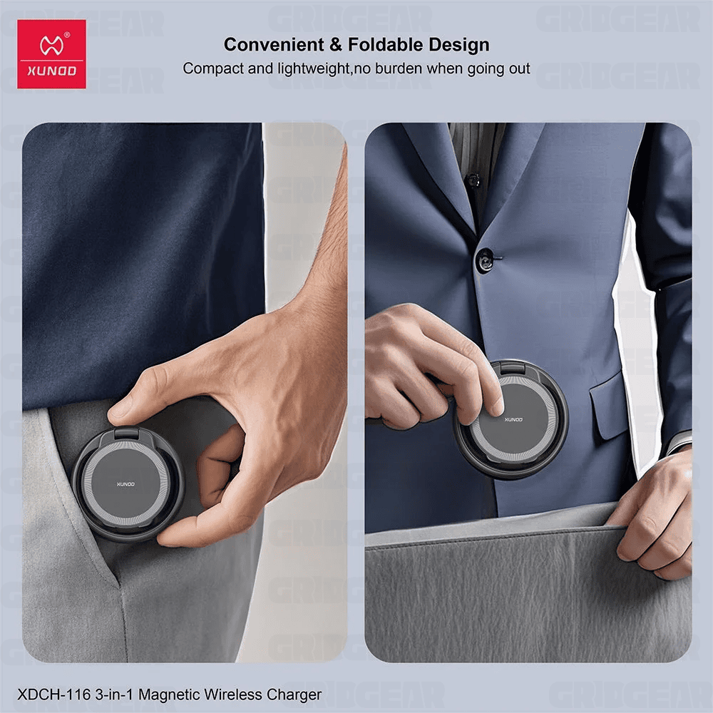 Xundd XDCH-116 3-in-1 Wireless Charger Foldable & Rotatable Fast Charging Dock for iPhone, AirPods & Apple Watch