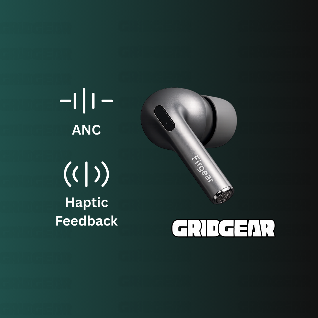 GridGear wireless earbuds with ANC and haptic feedback features on a dark background