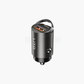 Black car charger with USB ports on a white background