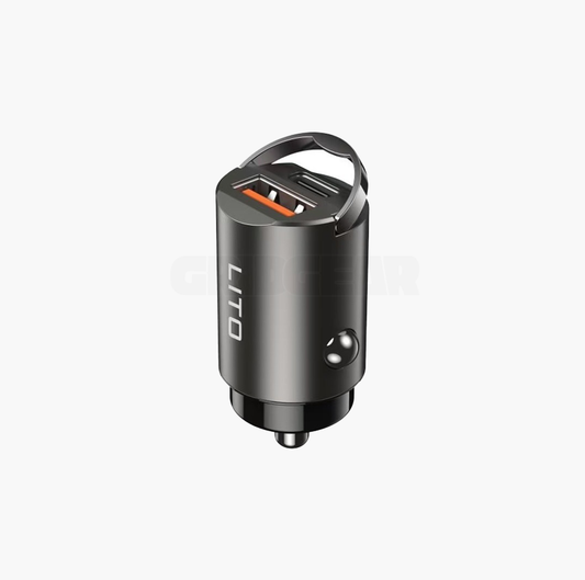 Black car charger with USB ports on a white background
