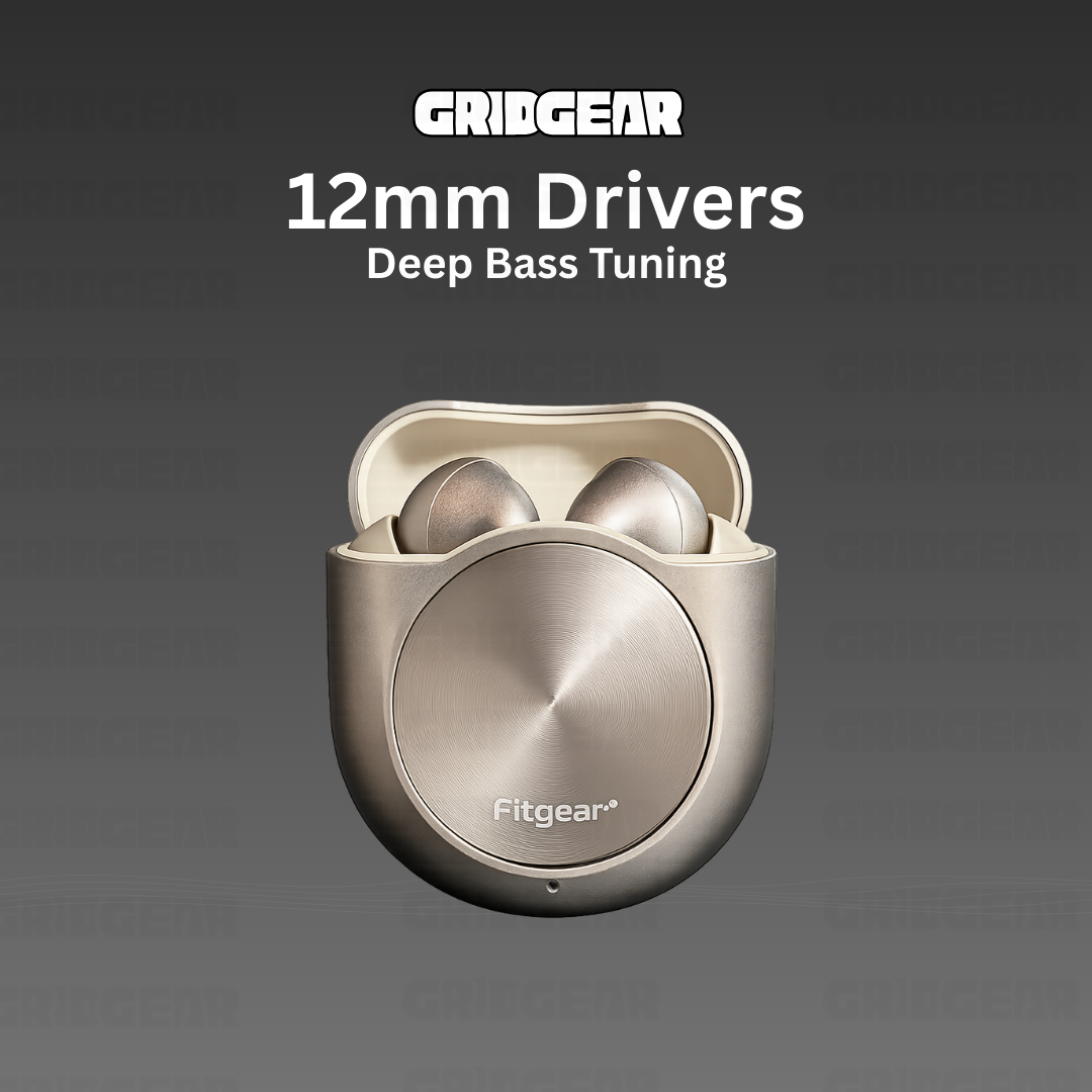 Fitgear wireless earbuds with charging case on a dark background